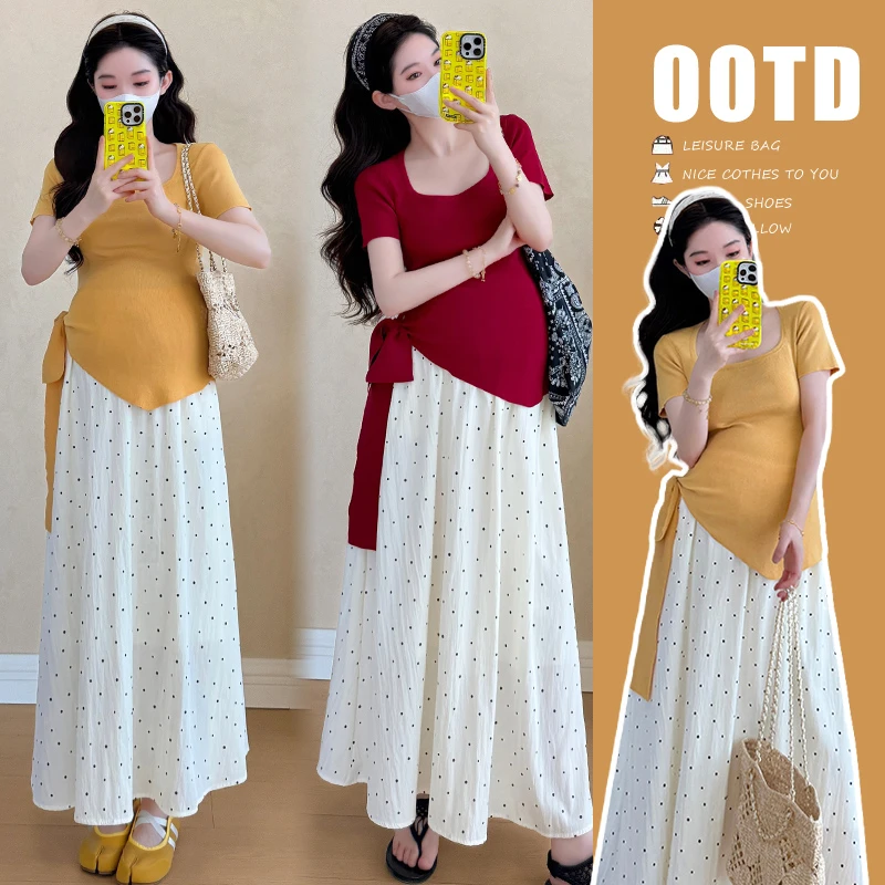 时髦孕妇装新款夏季减龄针织短袖显瘦网红波点半身裙两件套孕妇装