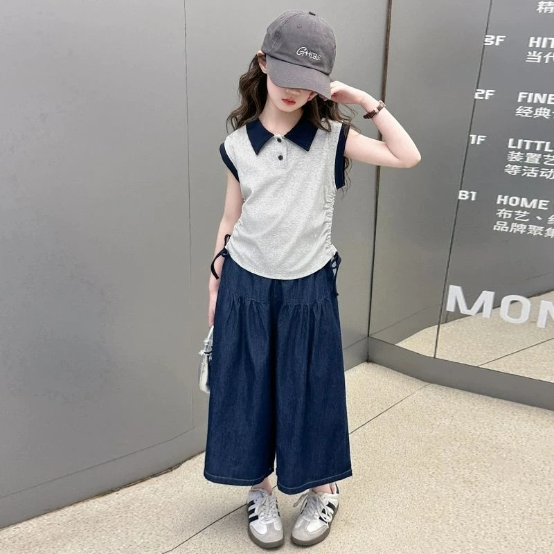 女童POLO衫夏装套装2025新款夏季韩系中大童无袖T恤阔腿裤两件套