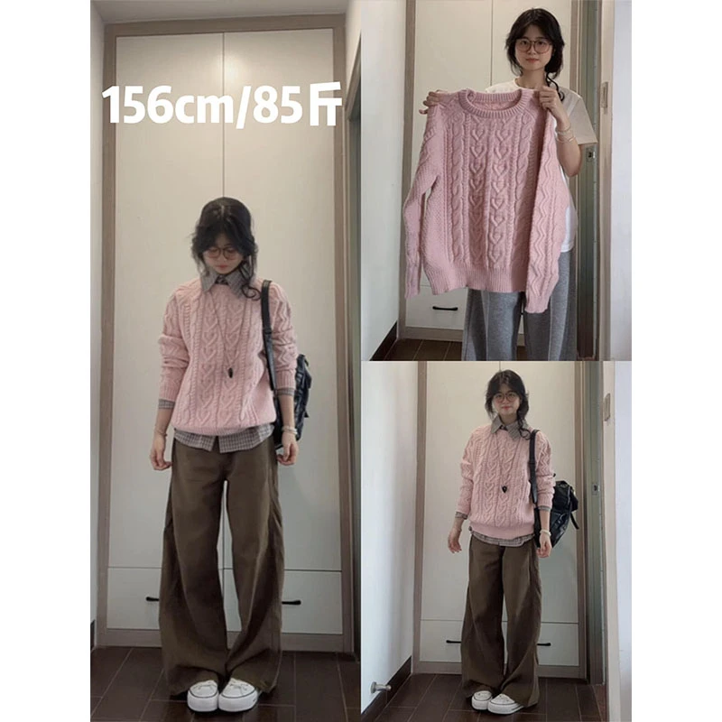 MARIE.COCO韩系温柔风粉色针织毛衣格子衬衫上衣女高腰休闲裤套装