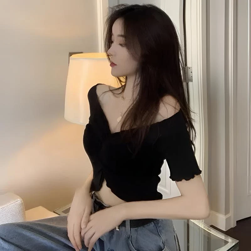 一字领独特别致绝美小上衣短袖露脐木耳边短款漏锁骨T恤女小心机