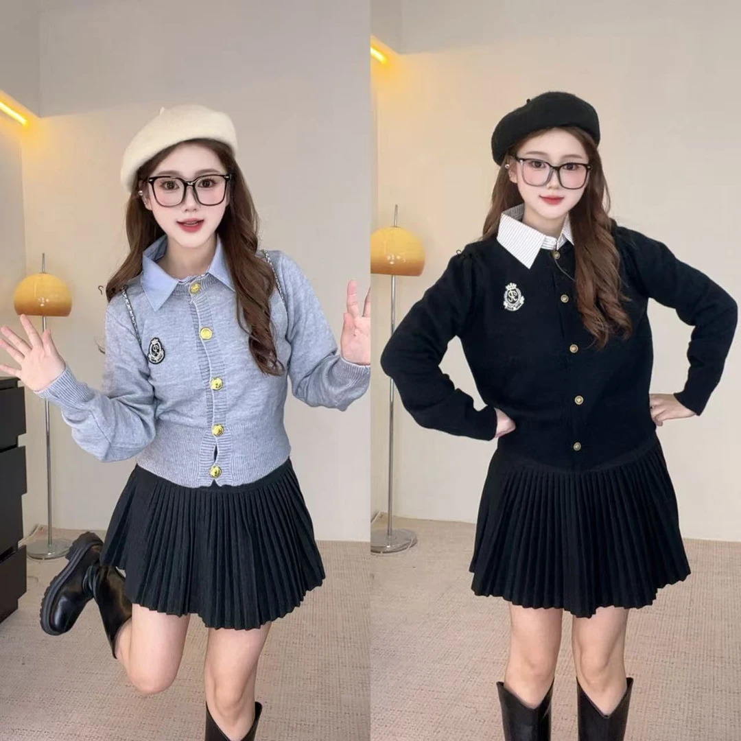 小个子假两件徽章韩系温柔风T恤宽松设计感上衣百搭毛衣开衫05642