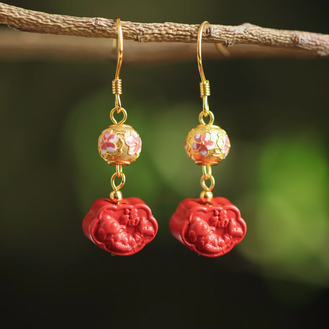 含辰砂工艺品S925银镀金镶嵌朱砂工艺品年年有鱼如意女款耳坠