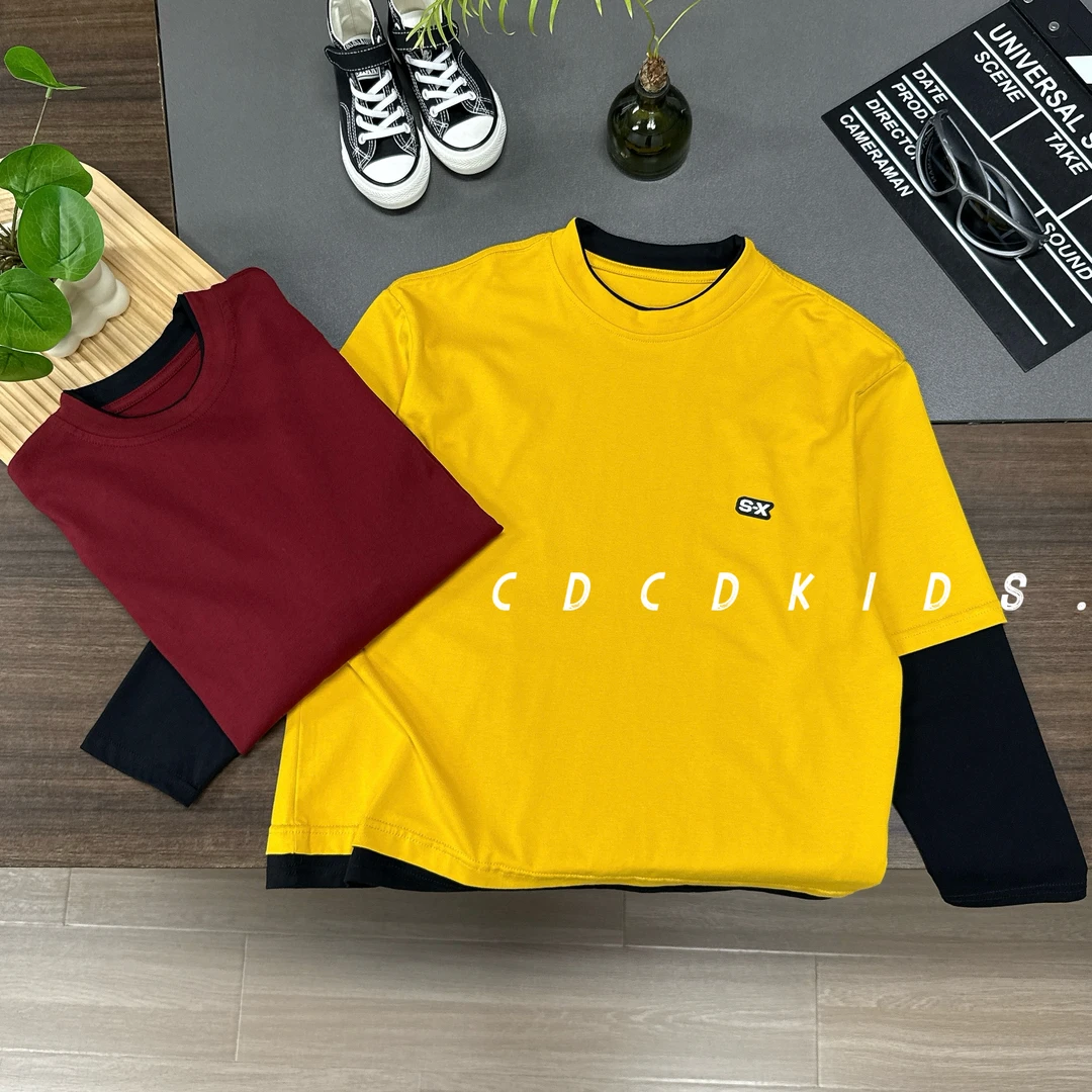 川度1176儿童秋季宽松拼接色设计感男女童假两件上衣刺绣字母T恤