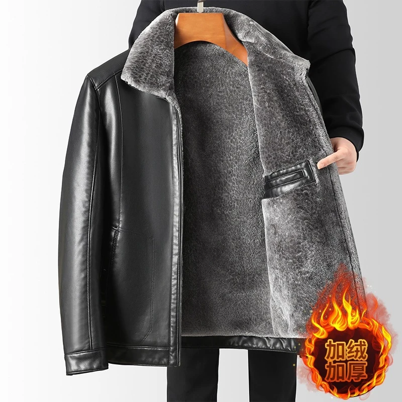 男士中老年爸爸加绒加厚保暖皮毛一体冬款翻领皮衣现货宽松型人