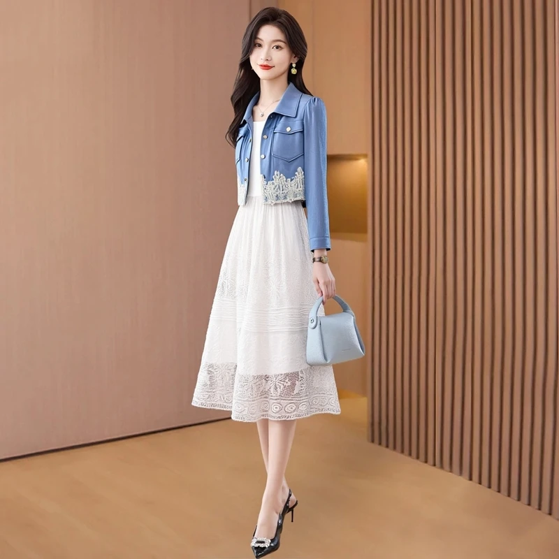 牛仔蕾丝风衬衣连衣裙两件套女2025新款40减龄一整套气质优雅裙子