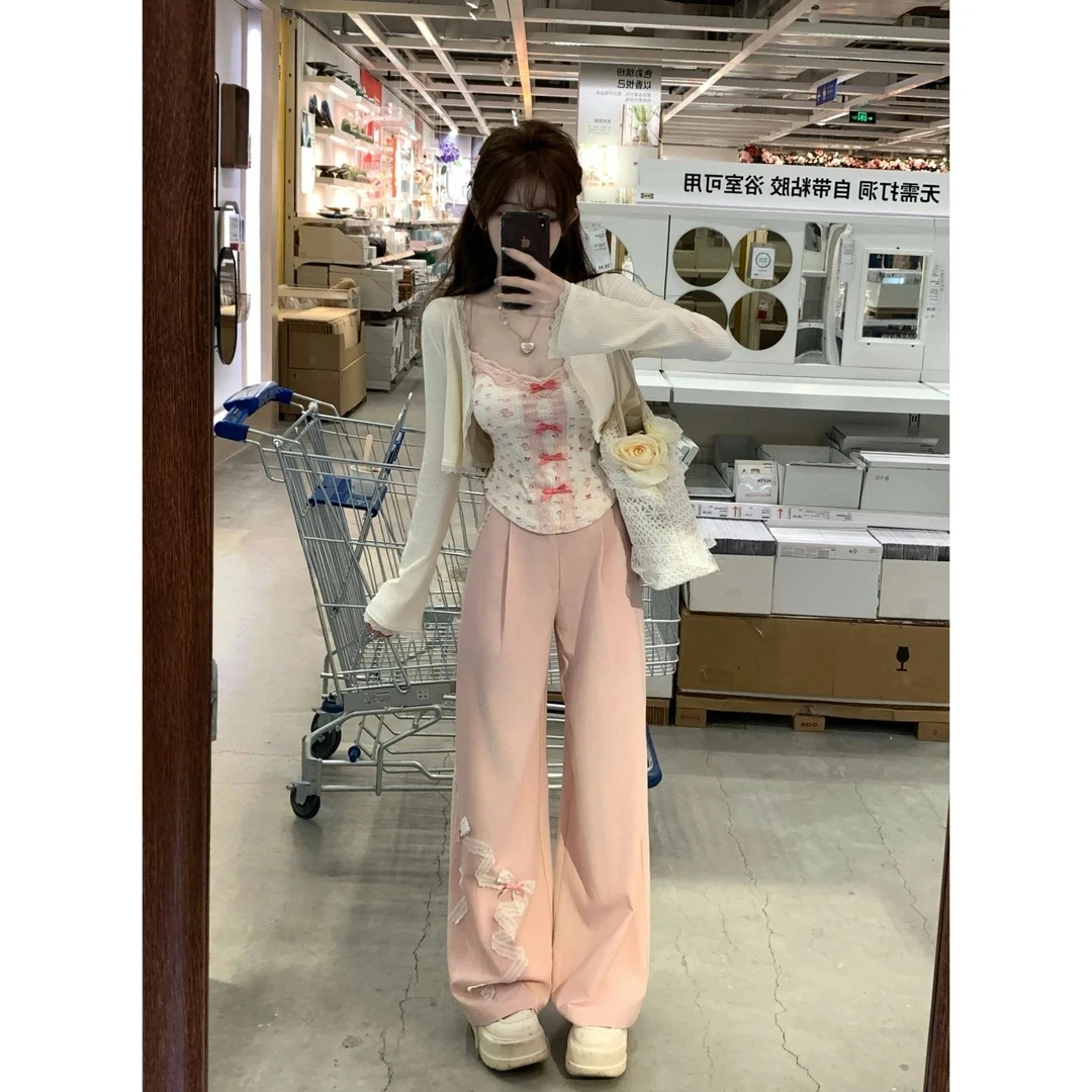 法式甜美蝴蝶结针织开衫女2025春夏新款蕾丝吊带背心阔腿裤三件套