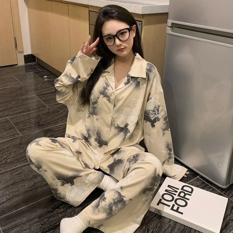 中式国风水墨画纯棉睡衣女士春秋季新款带胸垫长袖长裤家居服套装