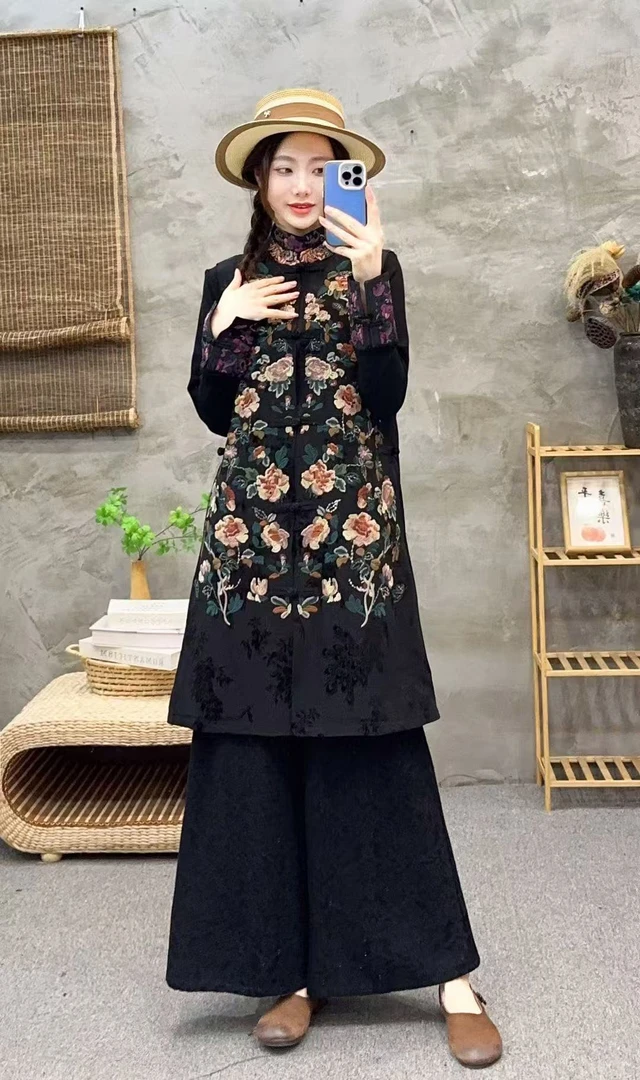 （繁花似锦）中国风国潮民族风缎面刺绣长马甲手工盘扣文艺气质马夹