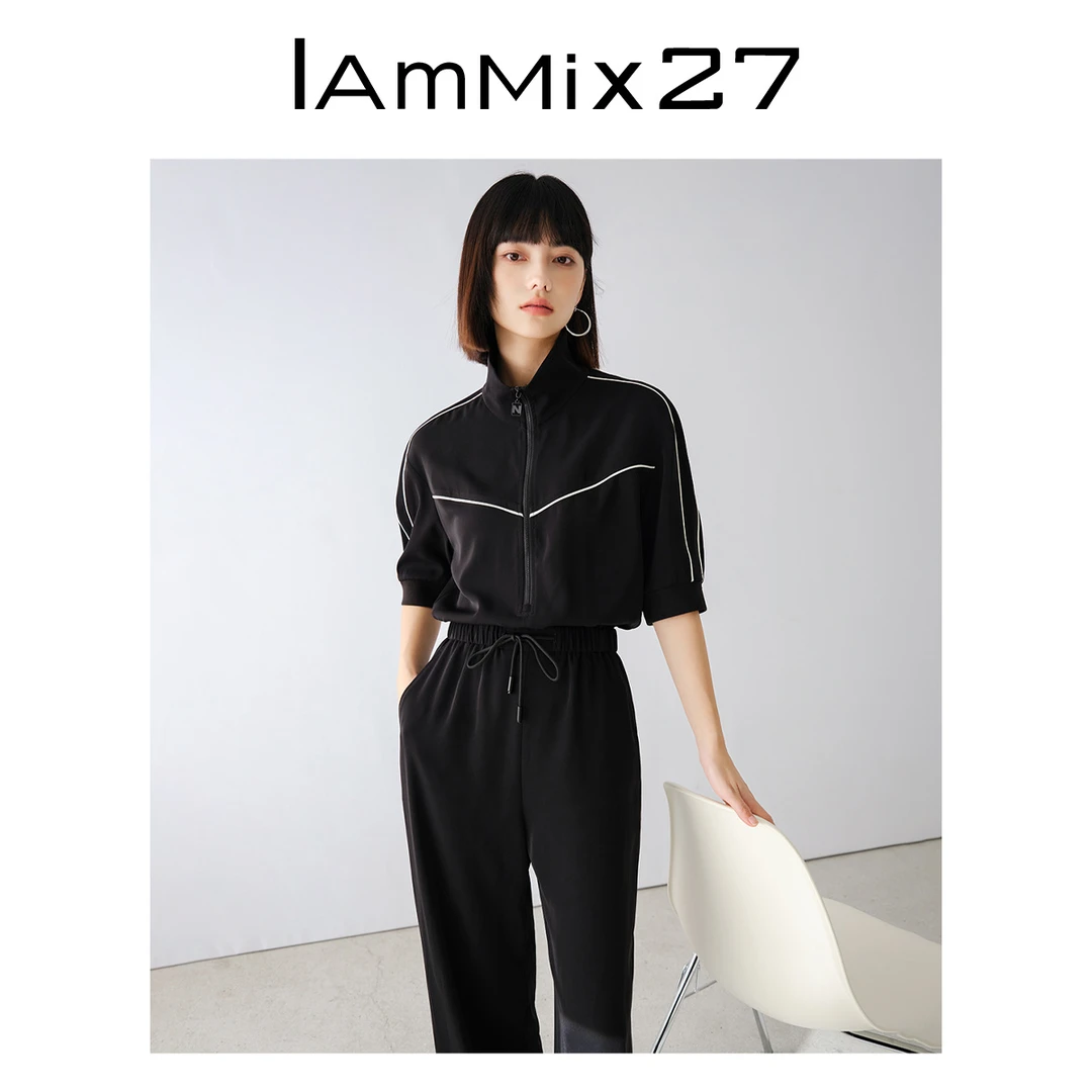 Iammix27简约翻领连体衣女减龄动感黑色显瘦高腰连体裤女M4A7059