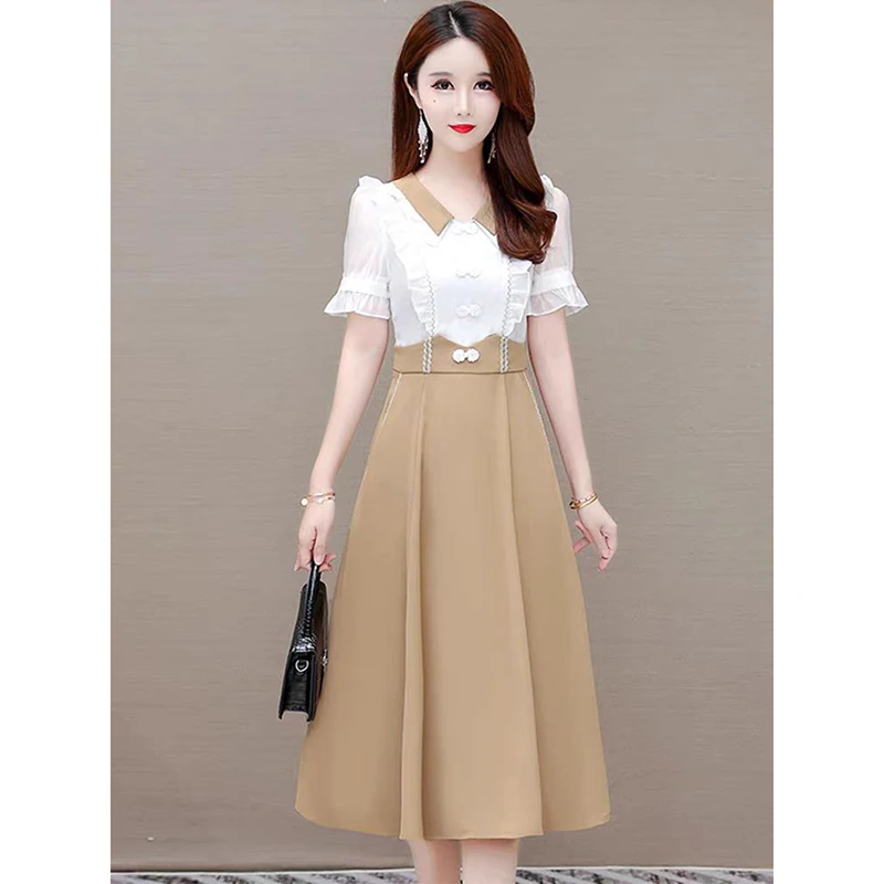 夏季女士优雅假两件拼接连衣裙新款洋气中年显瘦气质减龄中长裙子