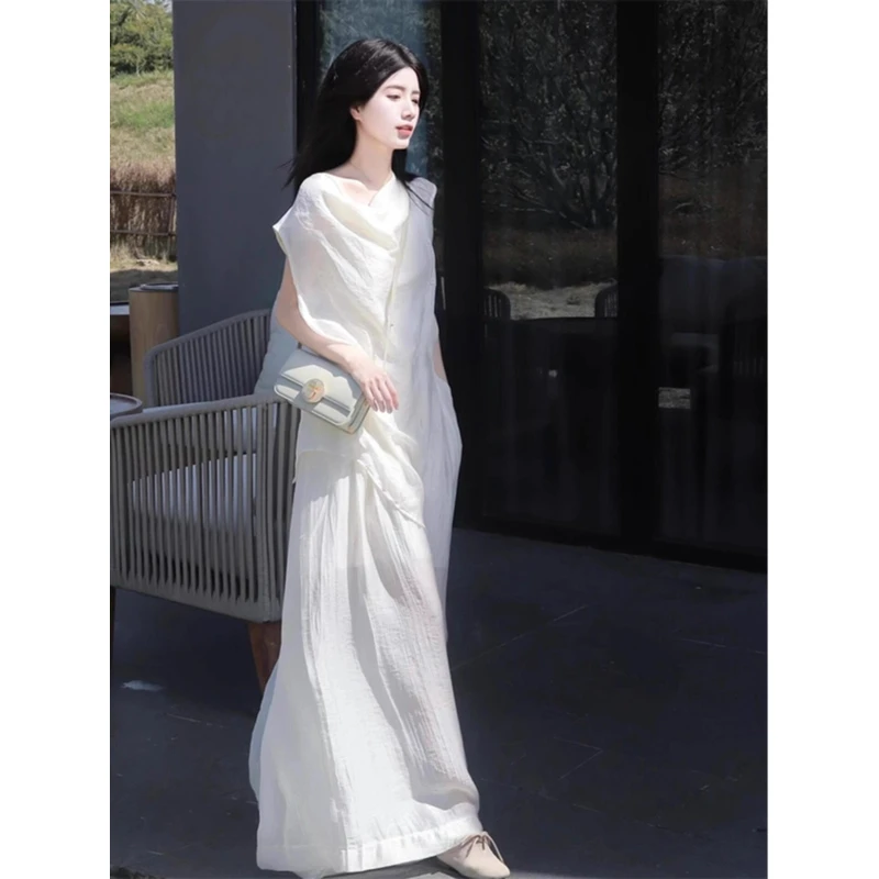 高级感无袖衬衫套装女2025新款法式设计感高腰阔腿裤裙两件套