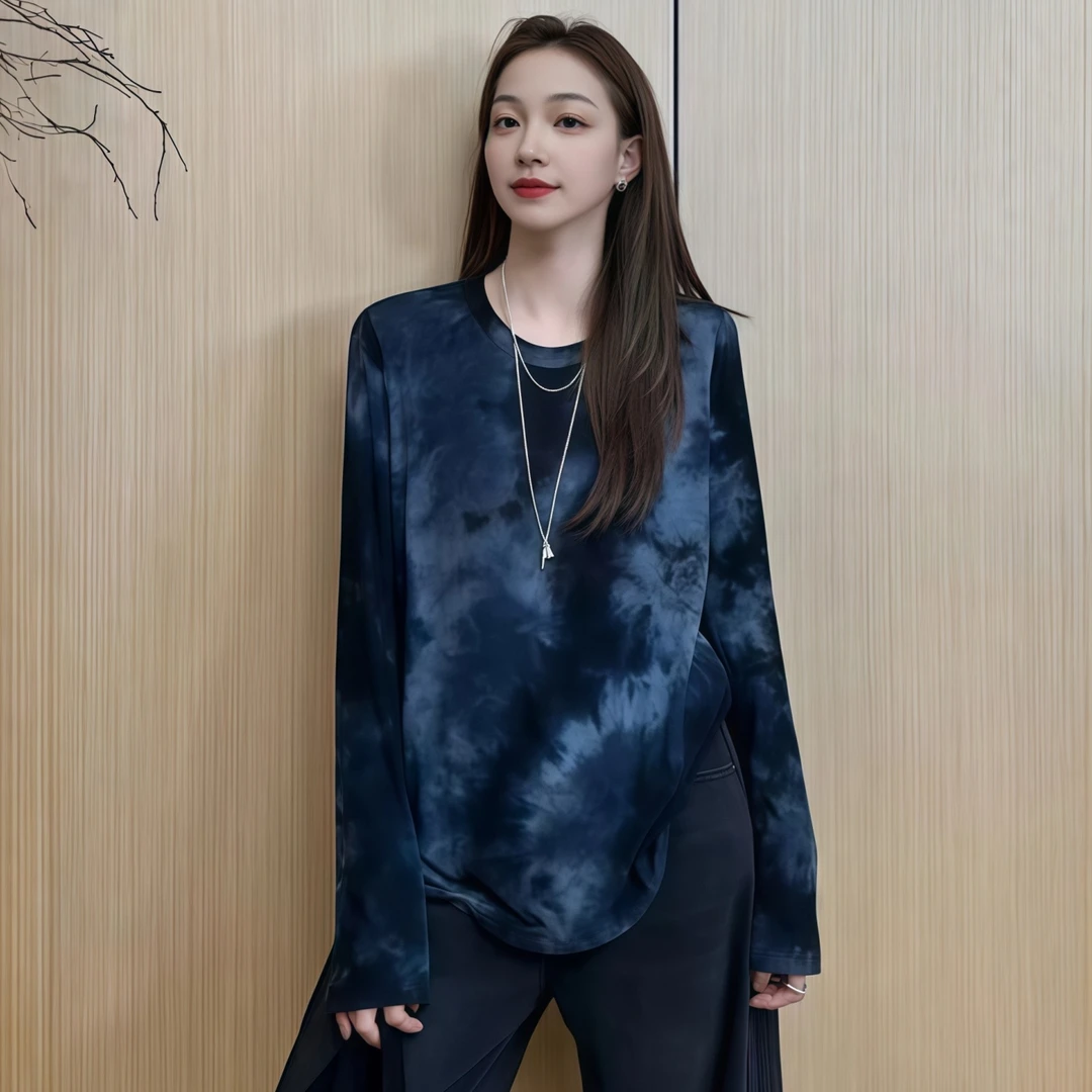 时尚不规则晕染打底衫T恤2025秋季大码胖MM百搭显瘦长袖T恤