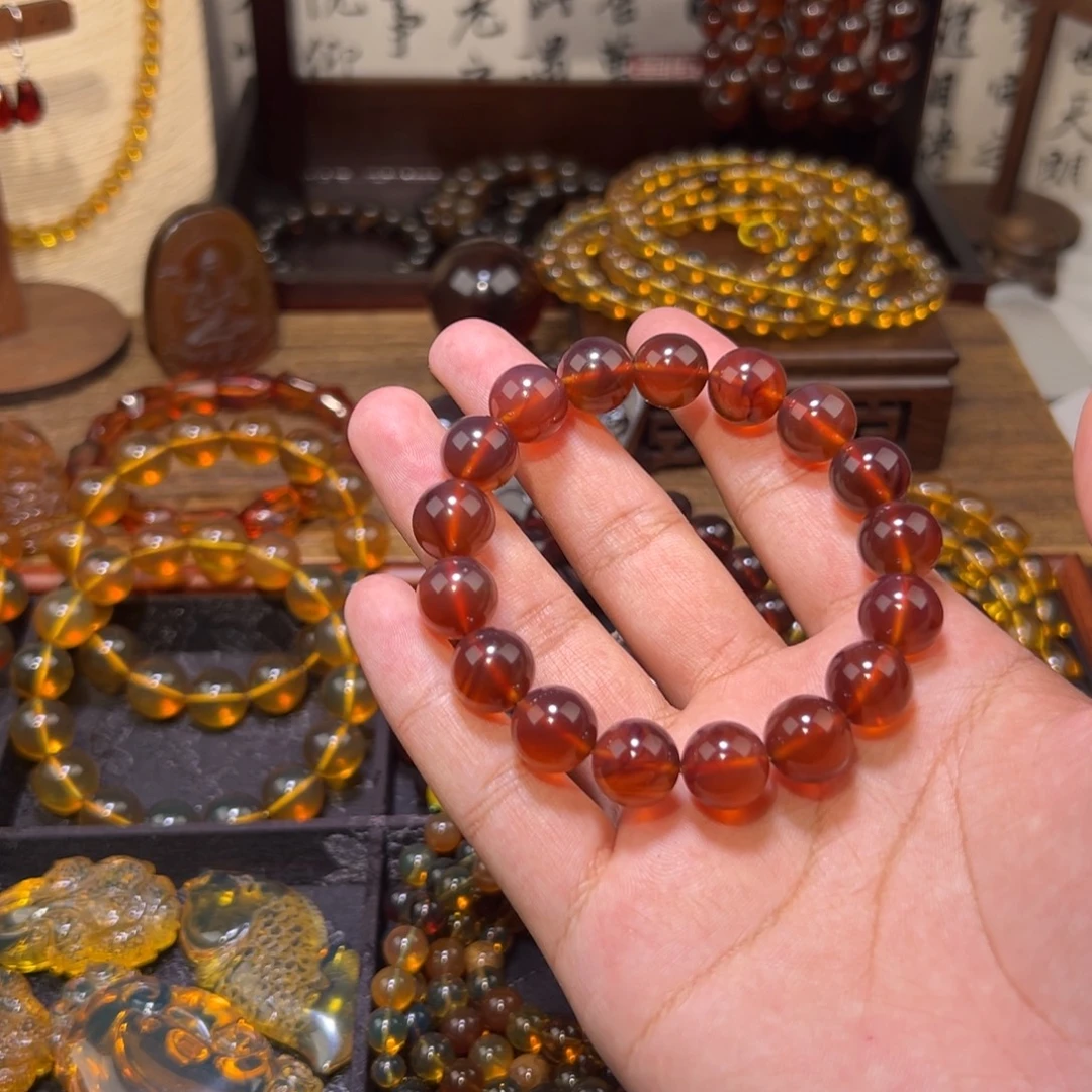 琥珀未镶嵌颈饰12mm棕红手串