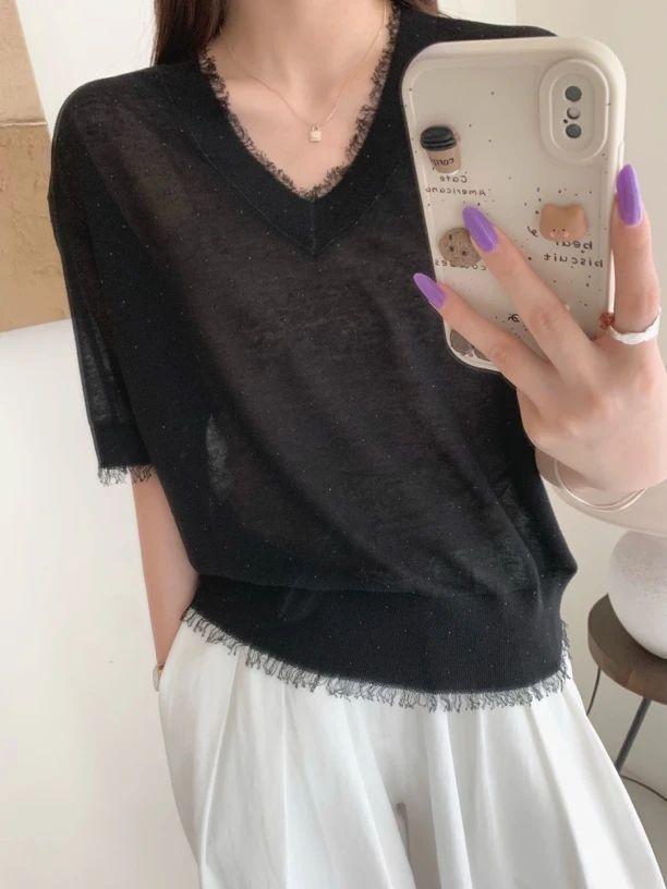 法式黑色短袖2025年夏季新款女复古气质流苏V领半透通勤宽松上衣