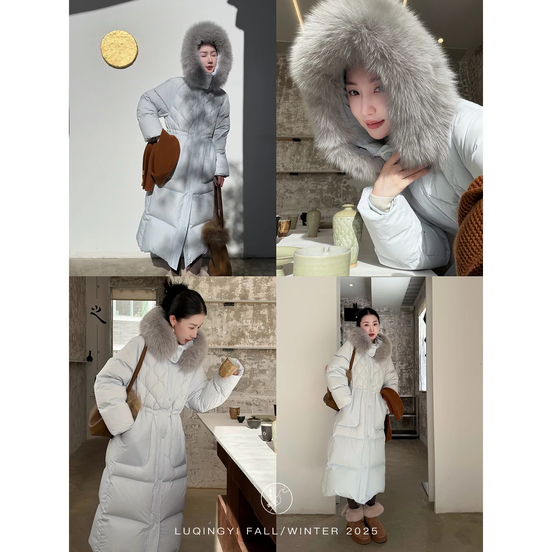 鹭青一原创【玉壶冰】三星90白鸭绒菱形格长款羽绒服L25Y7655B