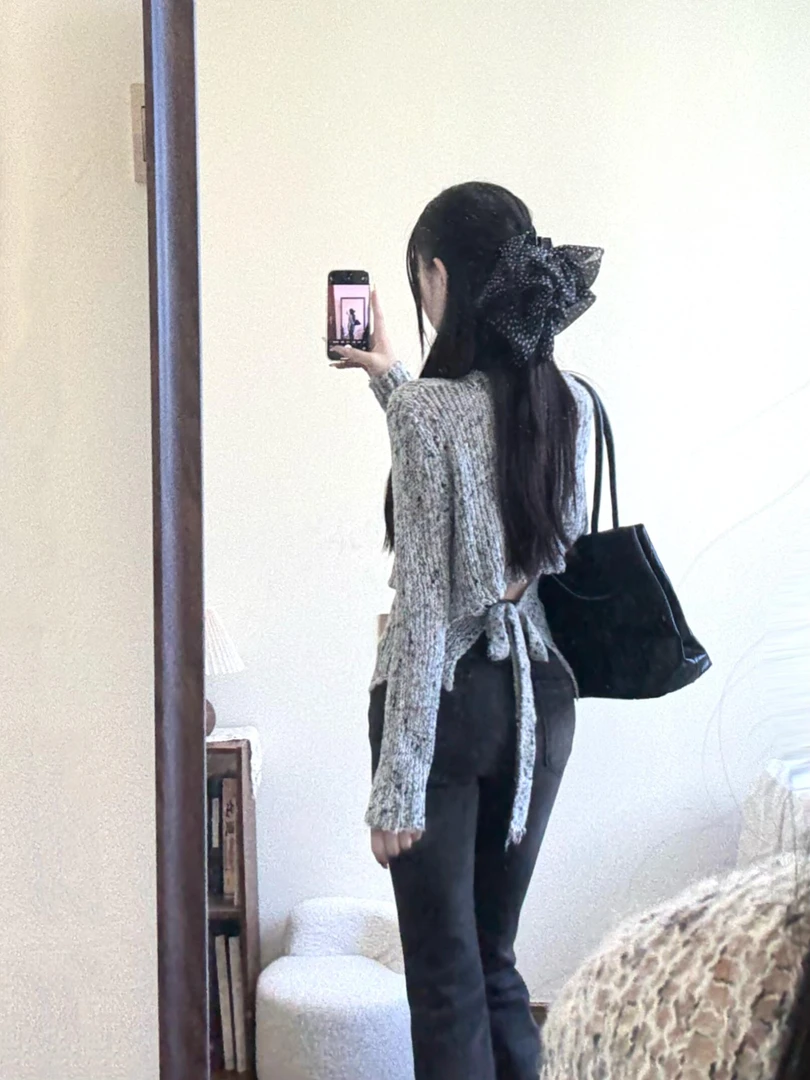 2025早秋新款韩系轻熟风绑带收腰镂空罩衫上衣高腰长裤气质两件套