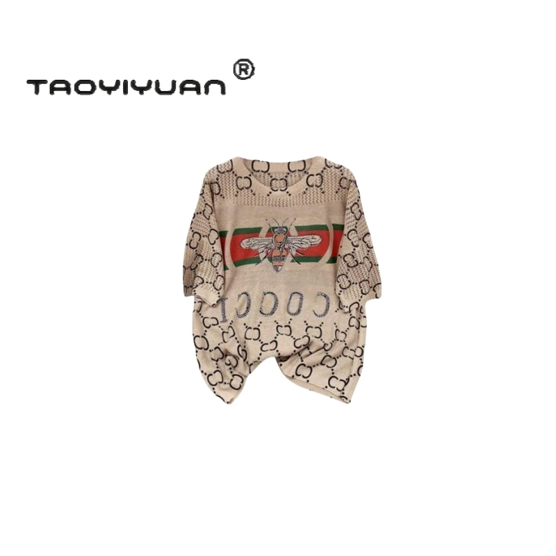 【宠粉专属】轻奢重工短袖镶钻印染小蜜蜂毛衣针织套头衫