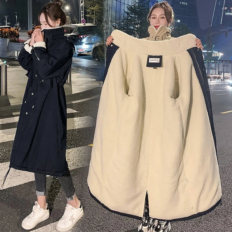 加绒加厚羊羔外2025冬季棉服长款过膝韩版宽松棉袄服