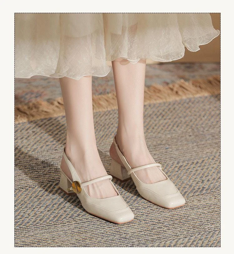 2025夏季新款米色小高跟粗跟方头包头后空玛丽珍舒适一字带凉鞋女