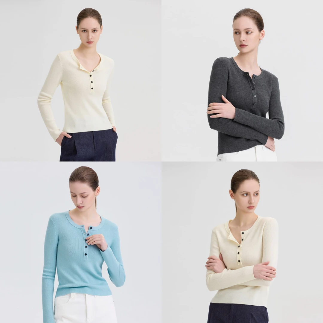 松家·1624 - 百搭！澳毛J细细美丽诺羊毛精致亨利领长袖针织衫