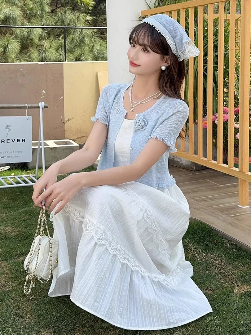 温柔风夏季新款立体花朵冰丝短袖防晒洋气开衫女搭吊带裙披肩上衣