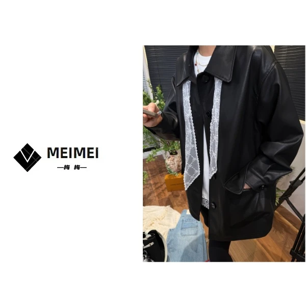 XMM.【大圆扣皮衣】时尚百搭潮流短款休闲黑色复古春季宽松韩版8676