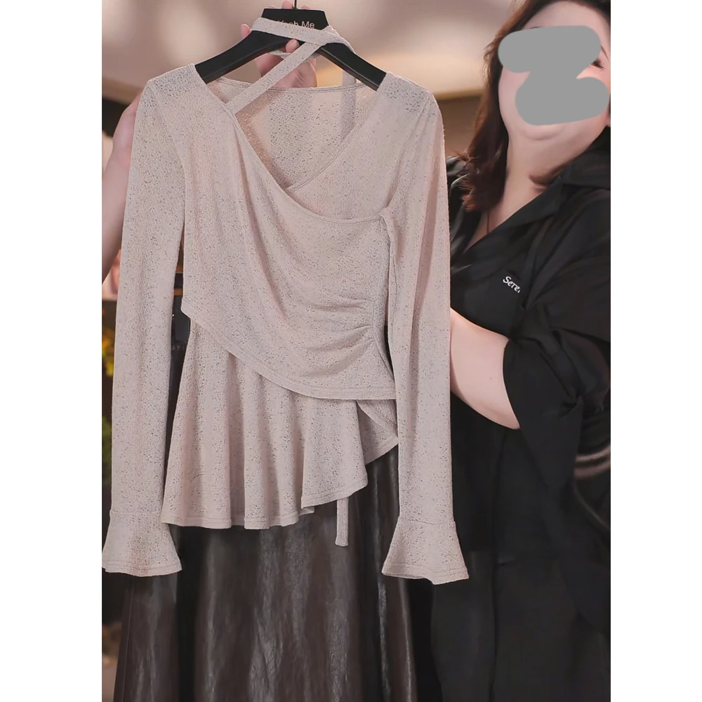 【杏花微雨】法式温柔风套装女春秋挂脖收腰长袖针织衫半身裙两件套