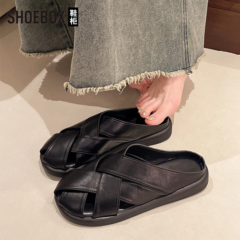SHOEBOX鞋柜厚底百搭包头拖鞋女2025夏季新款外穿复古编织凉鞋