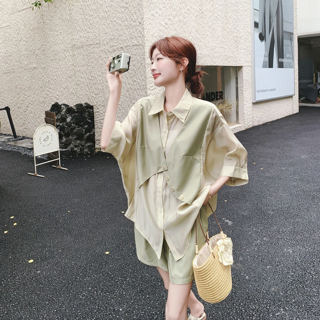 法式设计感衬衫套装女2025夏季新款气质假两件马甲显瘦短裤两件套