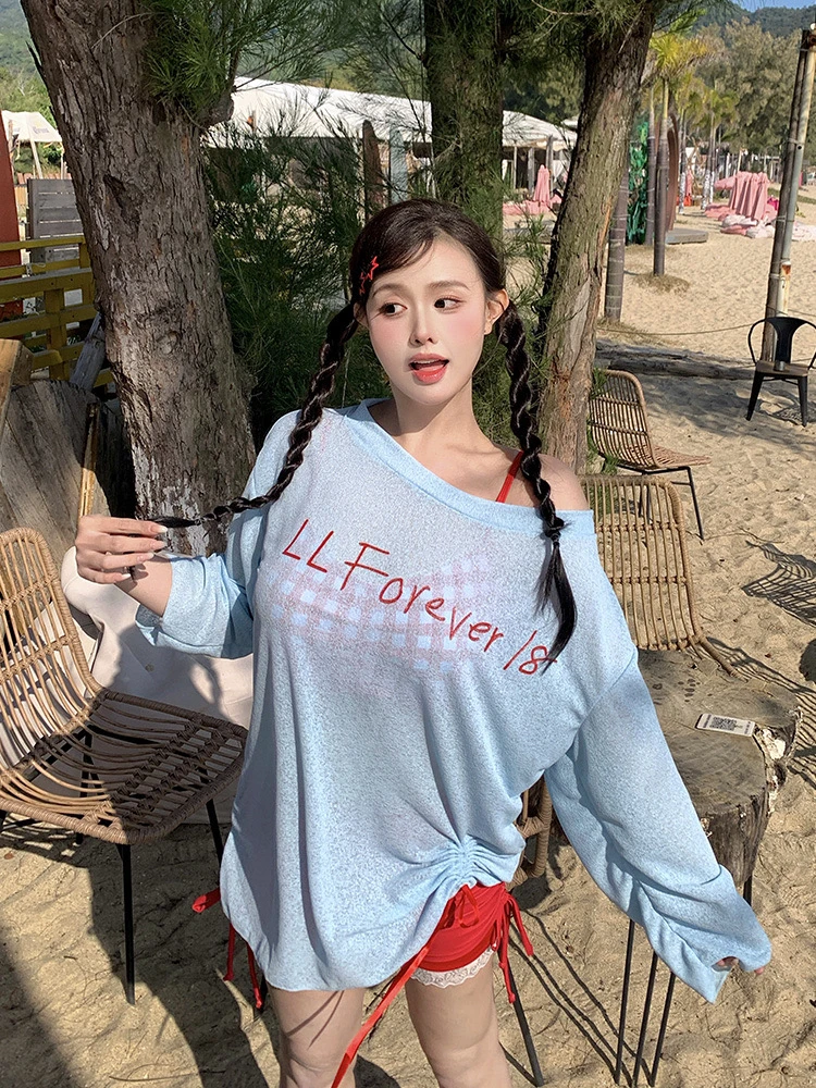 泳衣女分体三件套多巴胺刺绣大码微胖mm遮肚显瘦少女温泉度假泳装