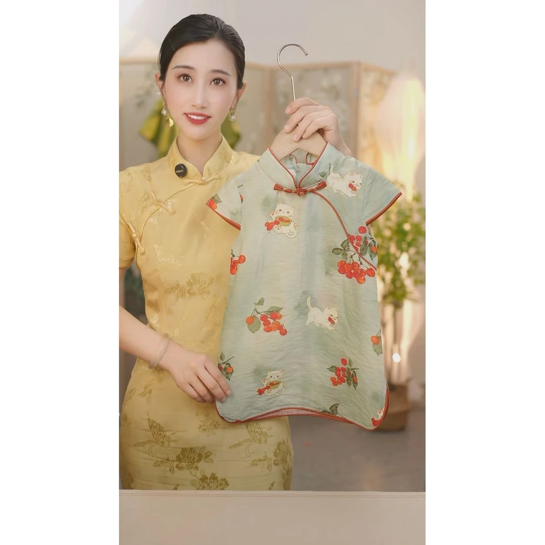 现货SC299女童夏季新中式猫咪2025新款国风套装