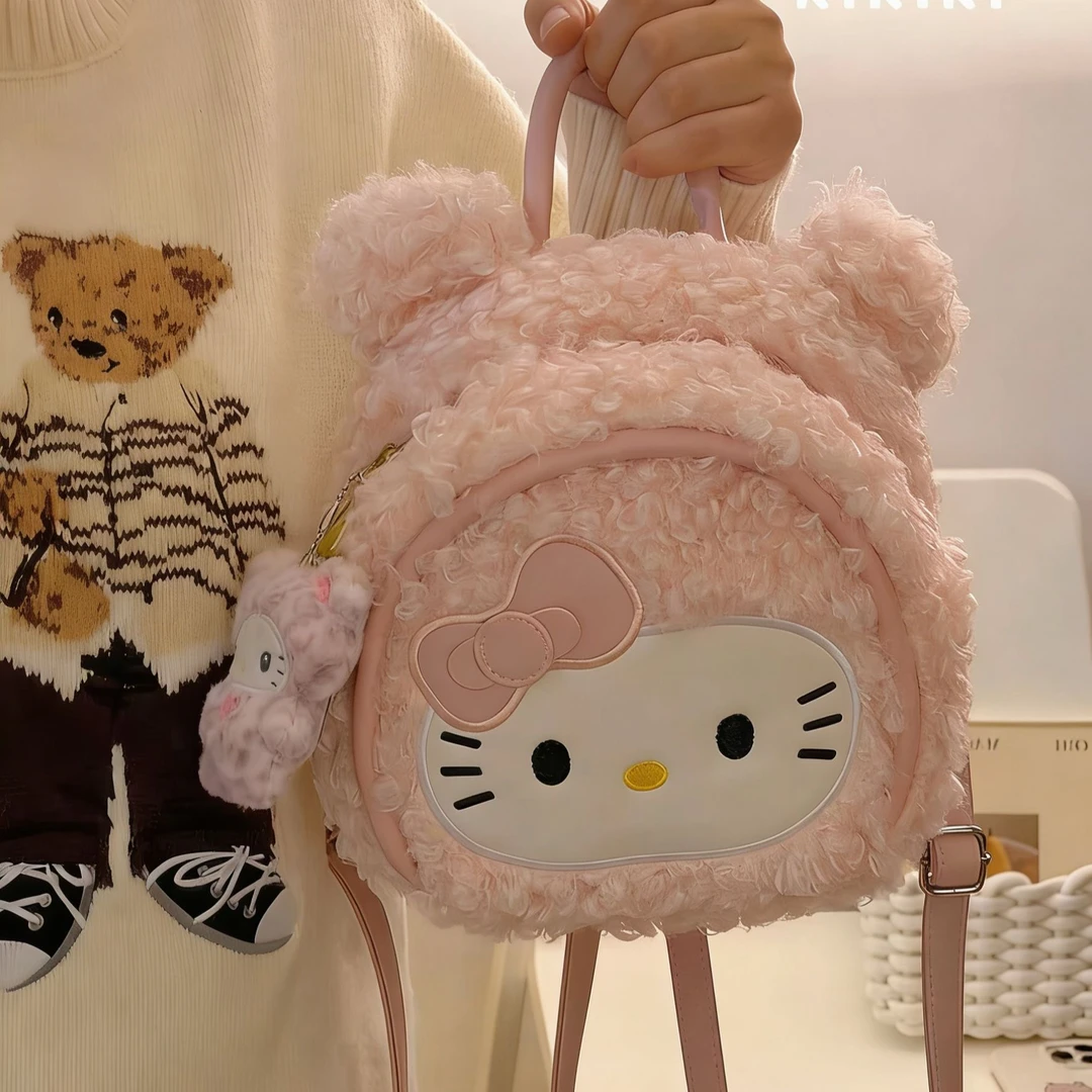 可爱毛绒卷毛凯蒂双肩包秋冬少女学生日常实用背包百搭