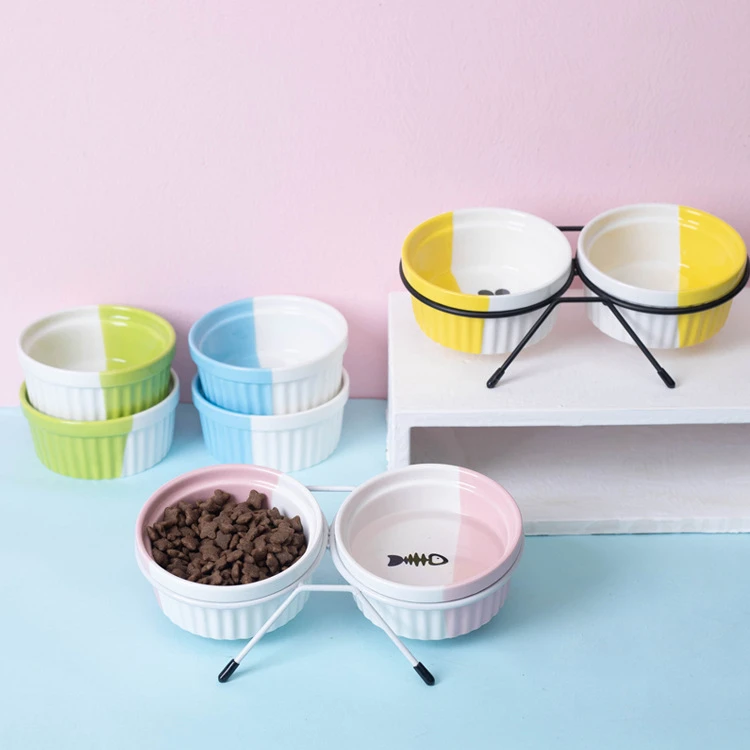 拼色陶瓷猫碗狗碗大容量高重量不易打翻宠物粮食碗喝水碗双碗架