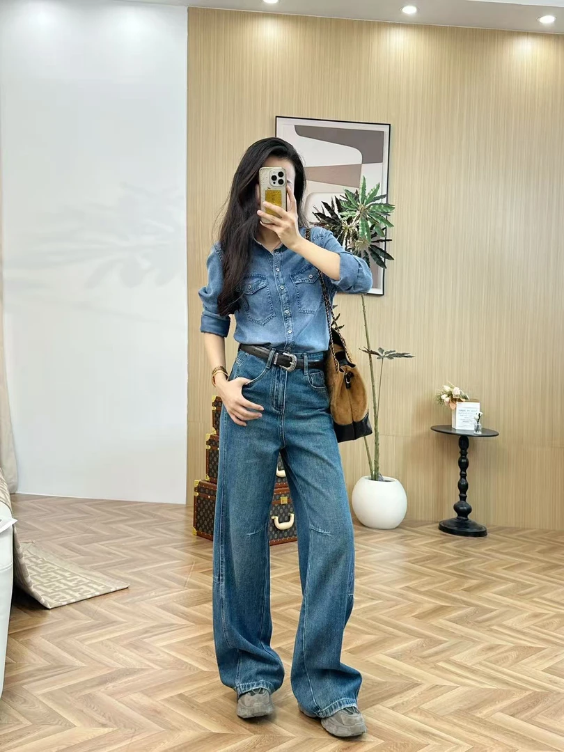 25秋女款结构拼接垂顺感显瘦遮胯慵懒风设计感窄版阔腿牛仔裤9013