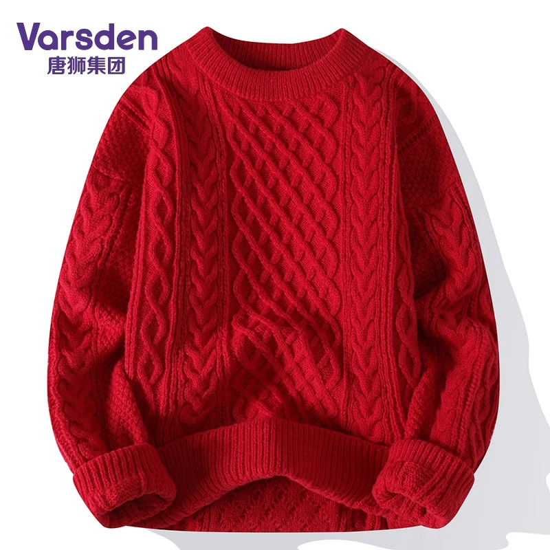 唐狮集团Varsden圆领毛衣男冬季慵懒潮流新年情侣红色打底针织衫