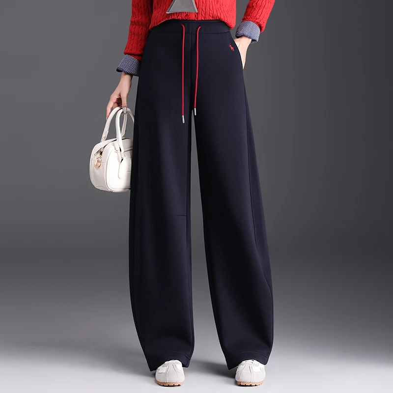 动感哥弟2025冬季新款刺绣弯刀裤女高腰抽绳加绒宽松显瘦阔腿裤子