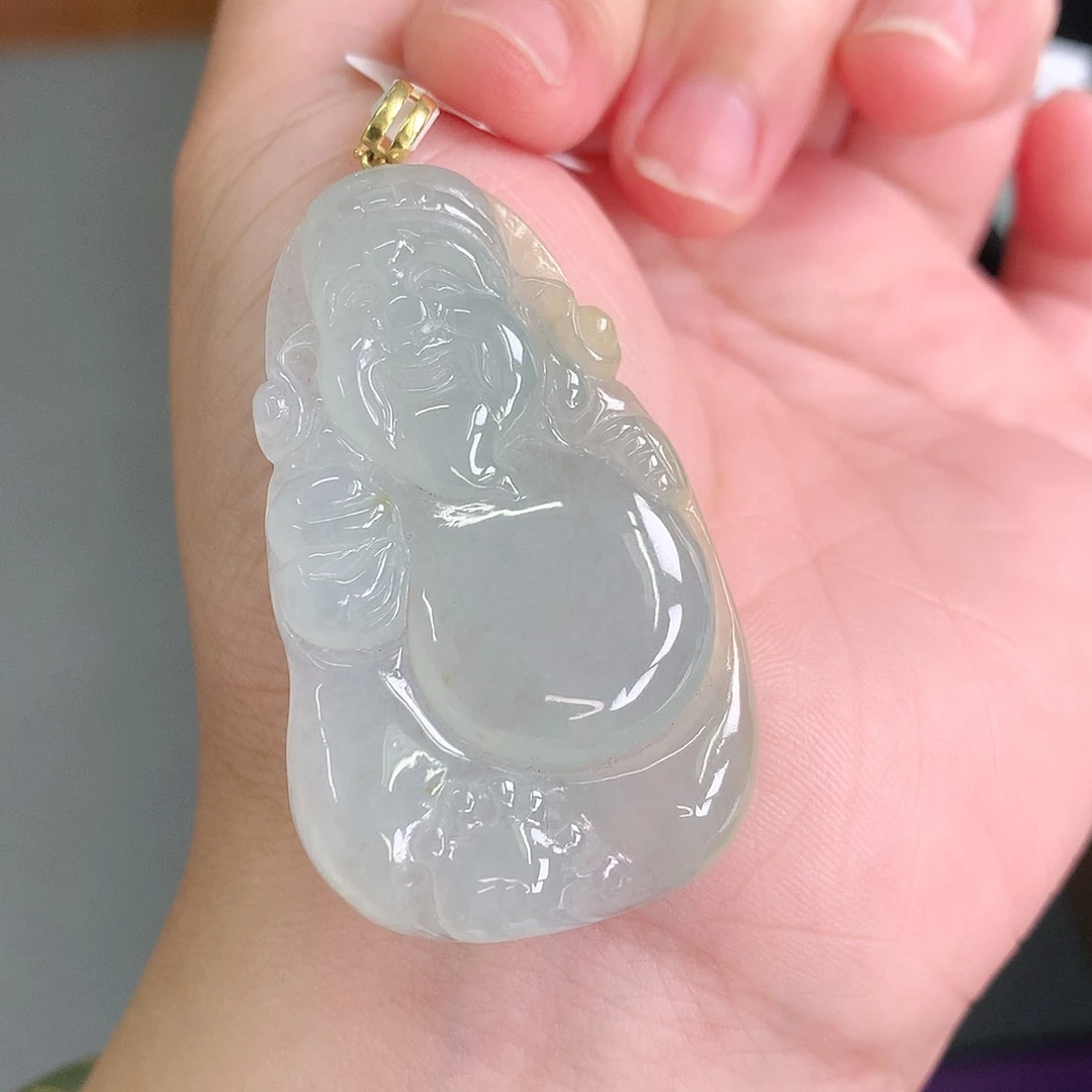 翡翠18K金镶嵌颈饰冰晴飘黄大财神爷49-29-6.2