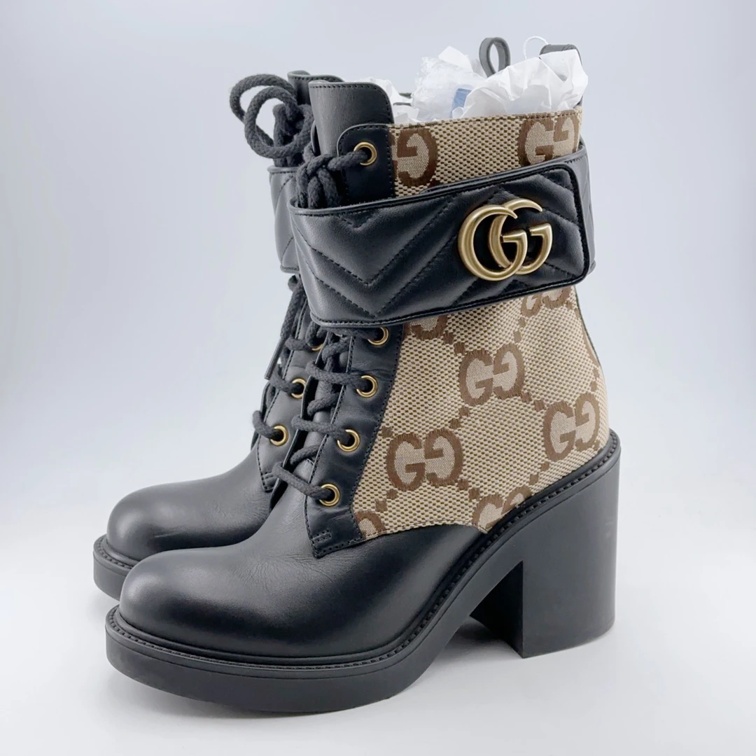 36码/98新/gucci/古驰 老花logo拼皮高跟靴mj03181