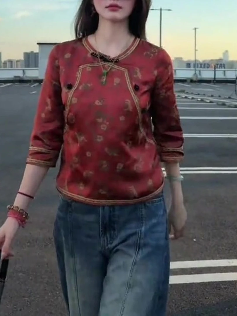 新中式复古国风七分袖上衣2025年秋季女装新款印花气质巨独特小衫