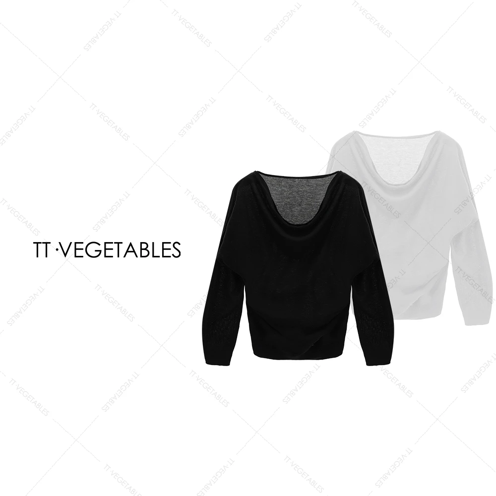 噢芬/小个子【墨烟】气质荡领一字肩水溶羊毛针织衫女打底521856