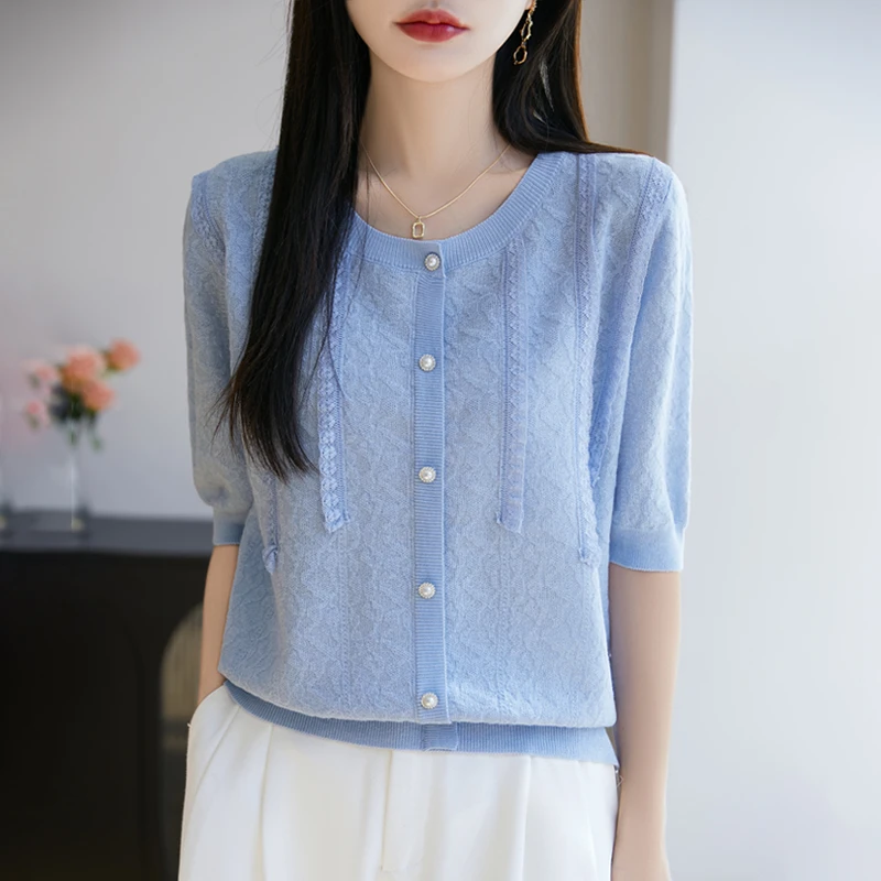 蕾丝公主风~桑蚕丝花边精纺细羊毛圆领短袖假开衫薄款针织T恤