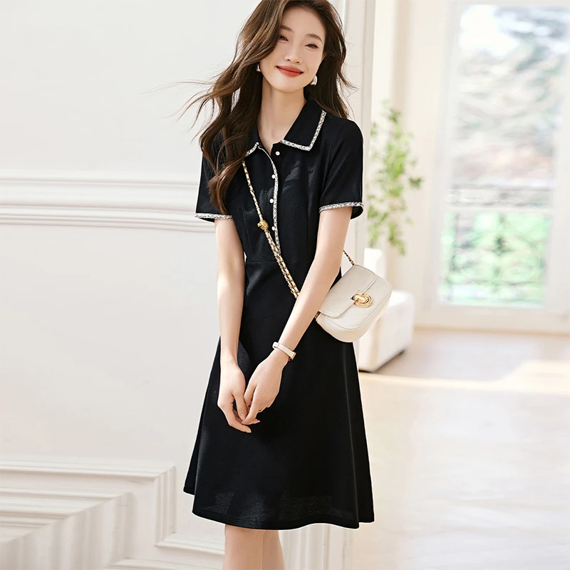 【MB9337】时尚香风针织修身小黑裙新款气质中长POLO领短袖连衣裙女