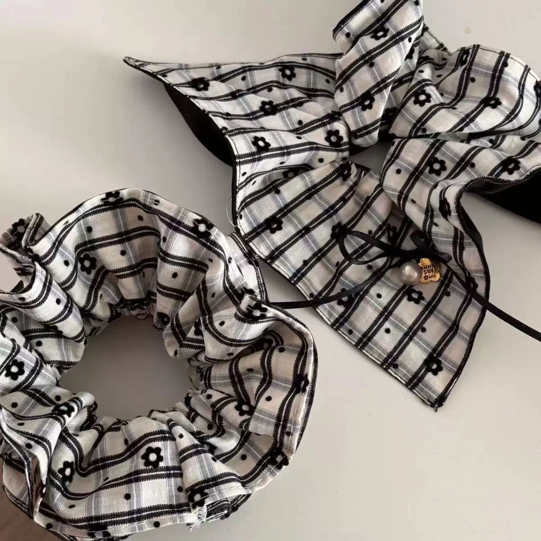 韩系植绒小黑花格纹大肠圈蝴蝶结珍珠方巾马尾发圈发绳发饰1711