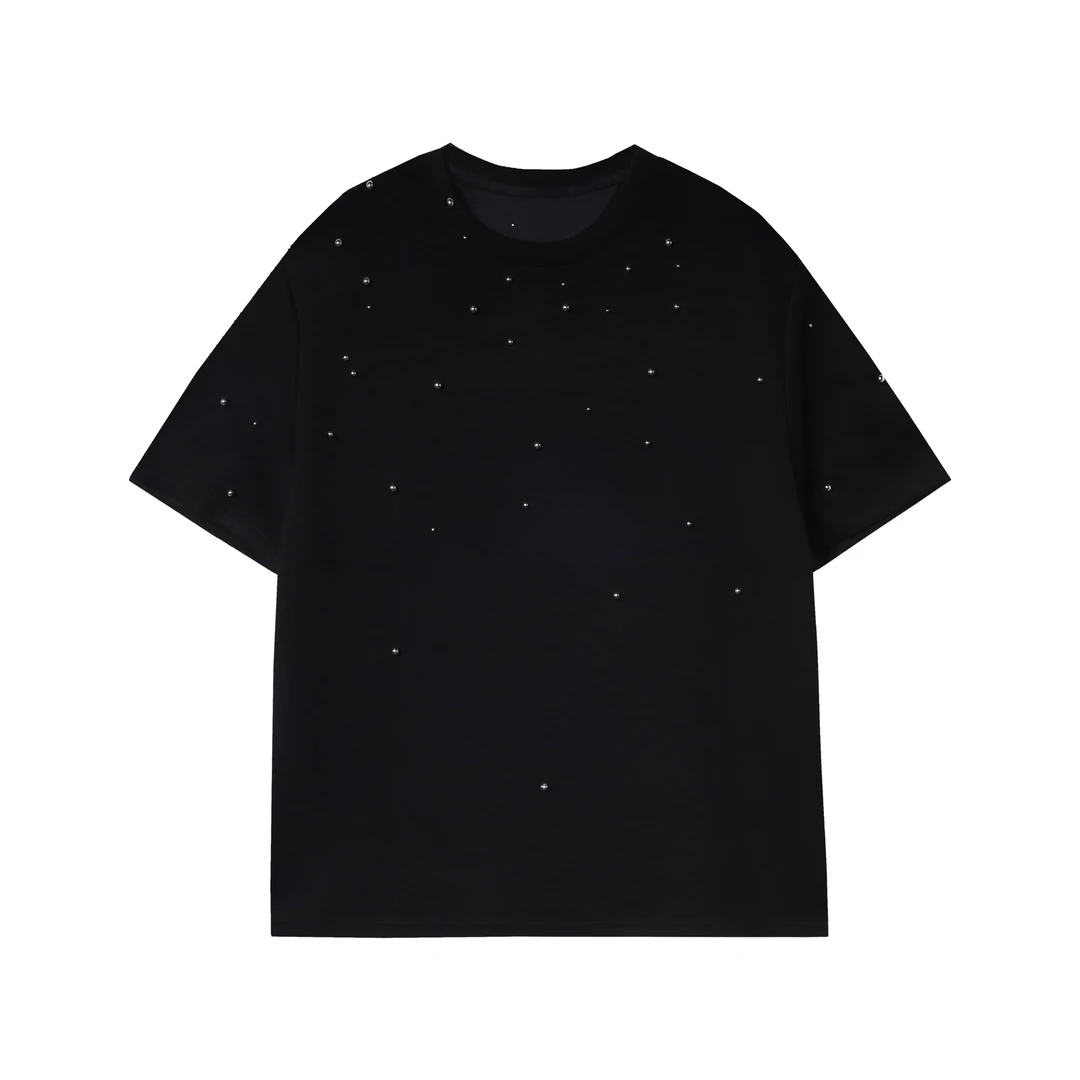 T580夏季新款重工满天星铆钉短袖t恤男女宽松半袖百搭体恤