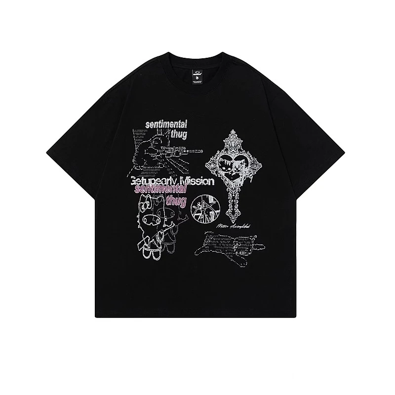 海外订单尾货~剪标撤回外贸潮牌美式复古印花短袖T恤男女情侣