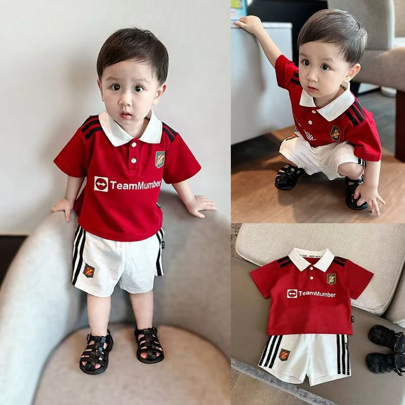 宝宝运动服套装夏季新款儿童足球服条杠织带男童两件套翻领衣服潮