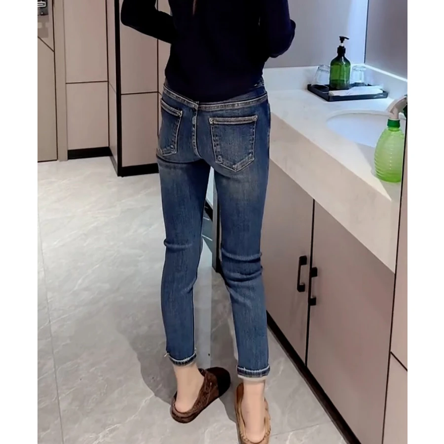 2025秋季新款弹力高腰直筒牛仔裤女胖mm修身显瘦大码九分烟管裤子