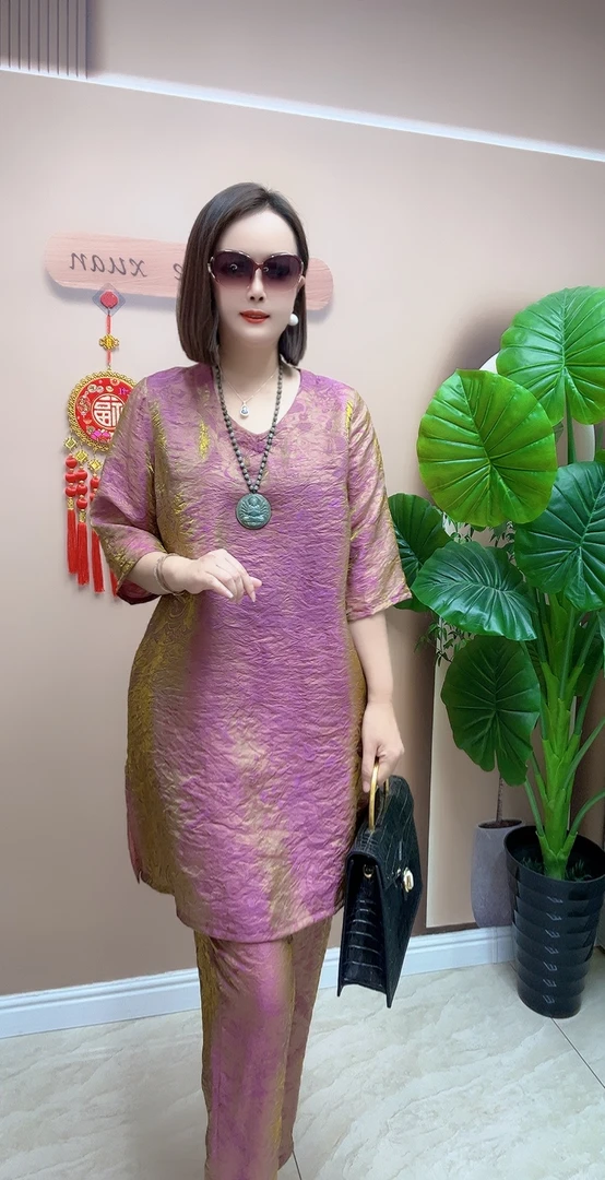 夏季新品七彩丝光锦洋气高档套装