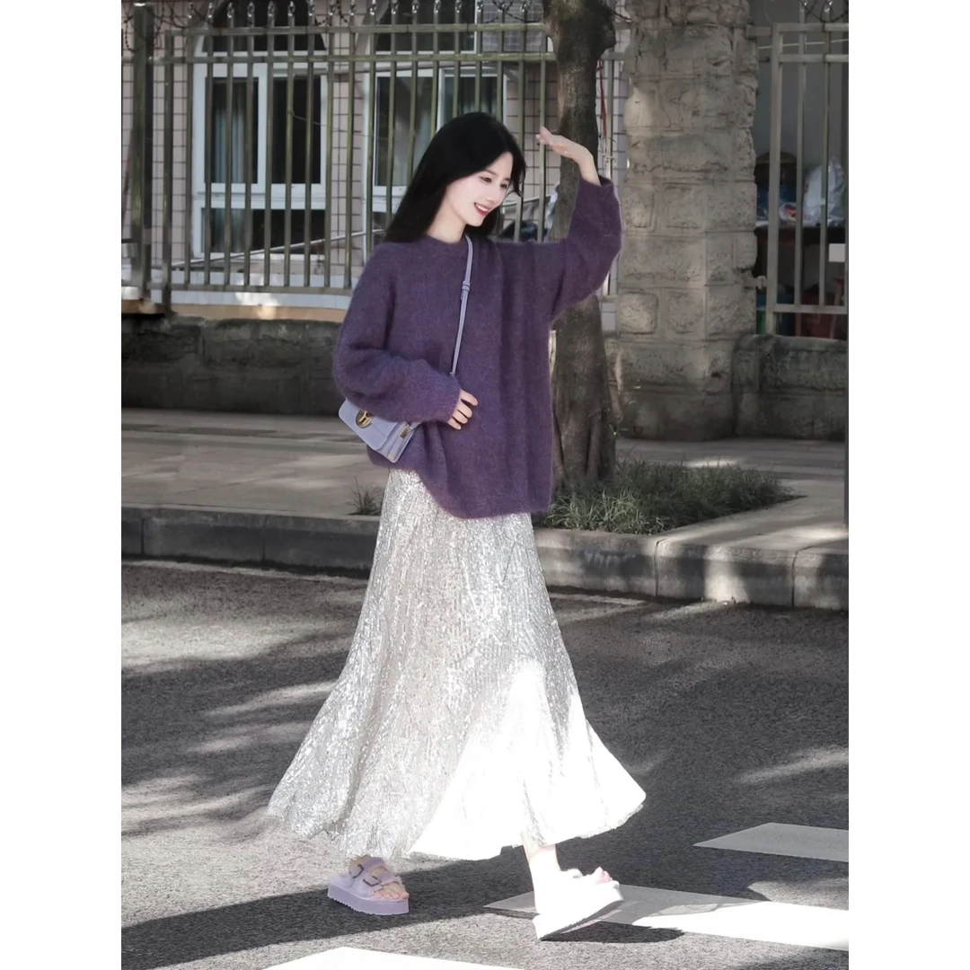 2024早秋新款高级感紫色宽松慵懒风套头毛衣女亮片半身裙两件套潮