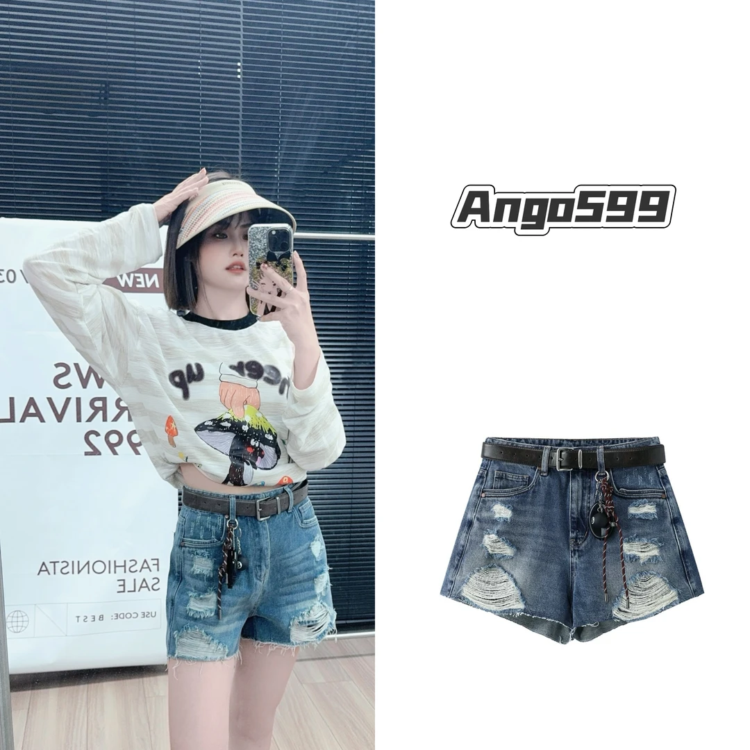 黑8牛仔* 夏季新品复古水洗破洞毛边高腰显瘦牛仔短裤